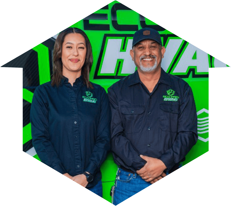 Eco-Pro HVAC employees standing in front of one of their Pittsburg, California, service vehicles.